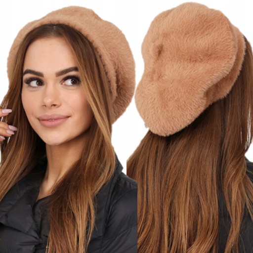 CZAPKA DAMSKA KOBIECA ZIMOWA BERET ALPAKA CIEPŁY GRUBY CIEMNY CAMEL 2216