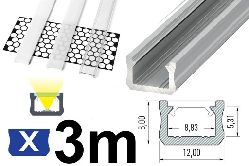 PROFIL LED 3M ALUMINOWY DO TAŚM 12mm WĄSKI TYP X SREBRNY 3M + KLOSZ PVC