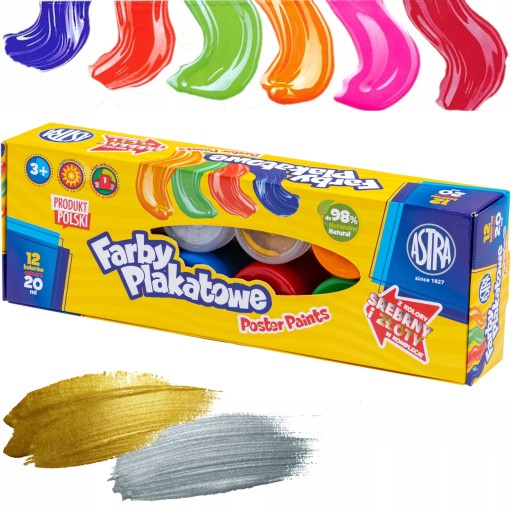 Astra FARBY PLAKATOWE 12 kolorów x 20ml ZŁOTA I SREBRNA w komplecie