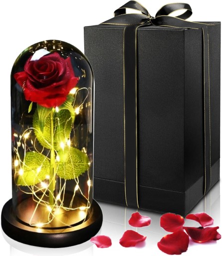 WIECZNA RÓŻA W SZKLE Lampa LED Lampka Nocna PREZENT 20LED+PŁATKI WALENTYNKI