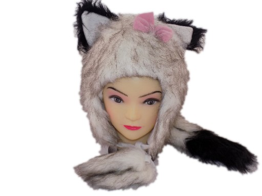 CZAPKA PANDA DŁUGI OGON CIEPŁA USZY 56CM
