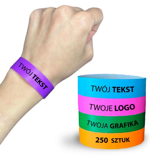 OPASKI NA RĘKĘ TYVEK IMPREZA DYSKOTEKA EVENT 250 SZT. Z NADRUKIEM 19MM