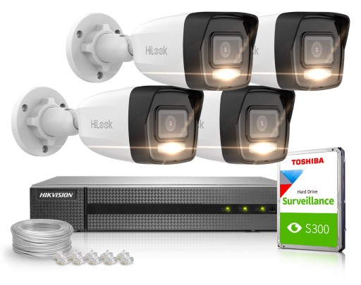 Zestaw do monitoringu HiLook NVR-4CH-4MP/4P, 4x IPCAM-B4-30DL, 1TB, Przewód