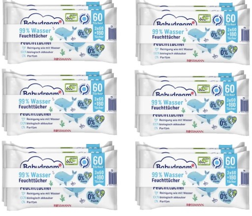 BABYDREAM CHUSTECZKI NAWILŻONE 99% WODY WATER WIPES 6x180=1080 szt.