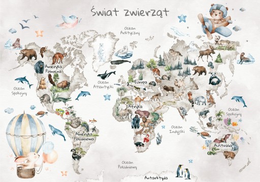 Plakat mapa świata dla dzieci ze zwierzętami 50x70