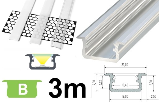 Profil do LED aluminiowy typ B srebrny 3m + KLOSZ