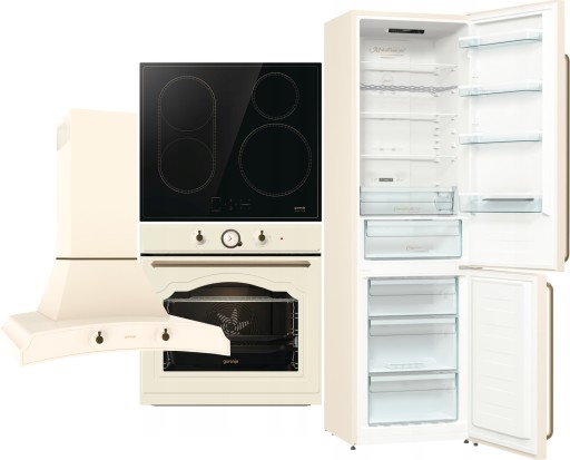 Zestaw GORENJE RETRO AGD zabudowa kremowy piekarnik indukcja okap lodówka