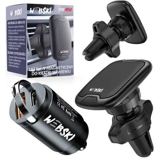 UCHWYT HOLDER DO KRATKI NAWIEWU NA TELEFON Z MOCNYM MAGNESEM+ŁADOWARKA USB