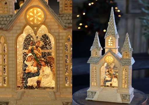 DOMEK SZOPKA ŚWIĄTECZNA BOŻONARODZENIOWA ŚWIECĄCA LAMPION KOŚCIÓŁ OZDOB LED