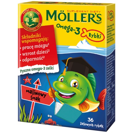 Möller's Omega-3 RYBKI malinowe ŻELKI 36szt ODPORNOŚĆ dla dzieci TRAN wit.D