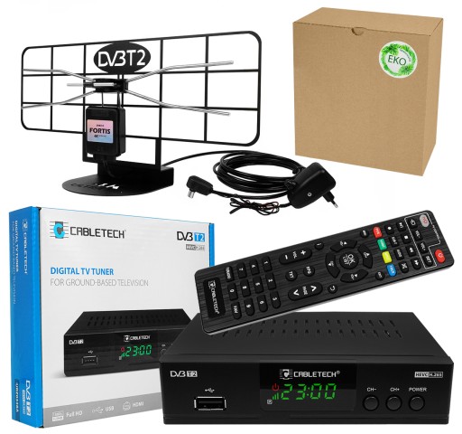 Tuner DVB-T2 dekoder URZ0338A H.265 HEVC HDMI USB + ANTENA POKOJOWA FORTIS