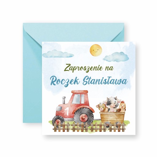 ZAPROSZENIA NA ROCZEK + IMIĘ + KOPERTA EKO traktor
