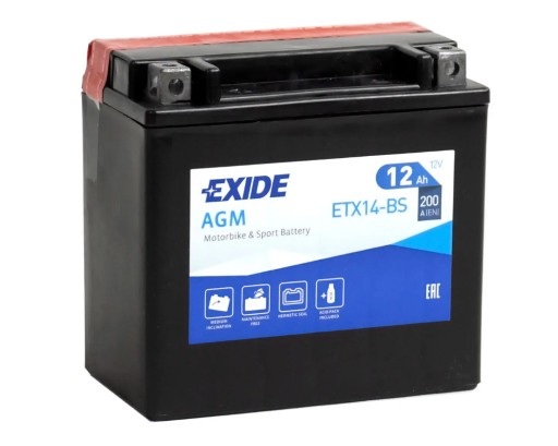 Akumulator motocyklowy EXIDE ETX14-BS YTX14-BS 12V 12Ah 200A EN L+