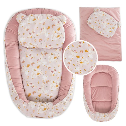 Duży kokon niemowlęcy Velvet zestaw GĄSKI różowy polana home&baby