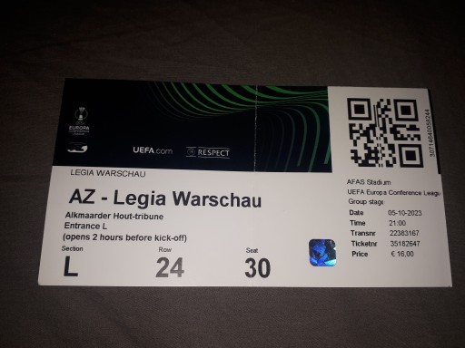 Używany bilet AZ Alkmaar - Legia Warszawa - 5.10.2023