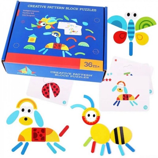 DREWNIANE PUZZLE UKŁADANKA TANGRAM GRA LOGICZNA ZWIERZĘTA MONTESSORI