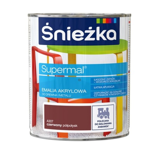 Śnieżka Emalia Akrylowa 0,8L CZERWONY A307 PÓŁPOŁYSK Farba Supermal wodna
