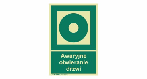 Znak AWARYJNE OTWIERANIE DRZWI (ideogram + podpis)