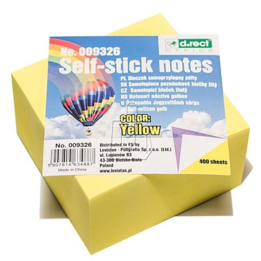 Bloczek samoprzylepny 76x76mm żółty 400 D.RECT