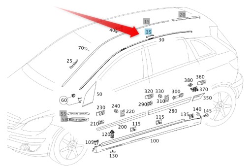 ZAŚLEPKA OSŁONA LISTWY DACHOWEJ MERCEDES W245 A1696950330