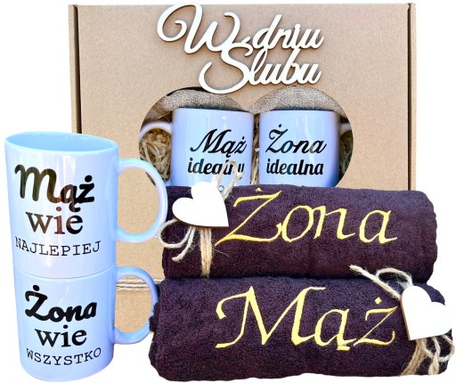 Prezent na Ślub GRUBE Ręczniki HAFT Kubki Mąż Żona