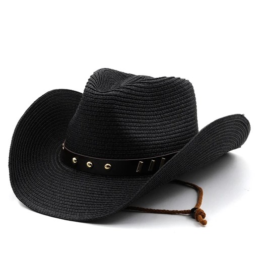 Straw Cowboy Hat with Metal Plated Hatband Shapeable Cowgirl Jazz Caps For