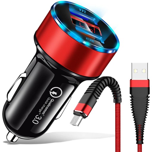 ŁADOWARKA SAMOCHODOWA SZYBKA LED QC 3.0 + KABEL PRZEWÓD MICRO-USB 100CM 1M