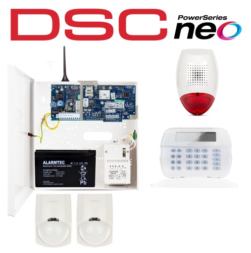 ZESTAW SYSTEM ALARMOWY GTX2 DSC NEO LCD 2x CZUJKA PIR LC100 GSM APLIKACJA