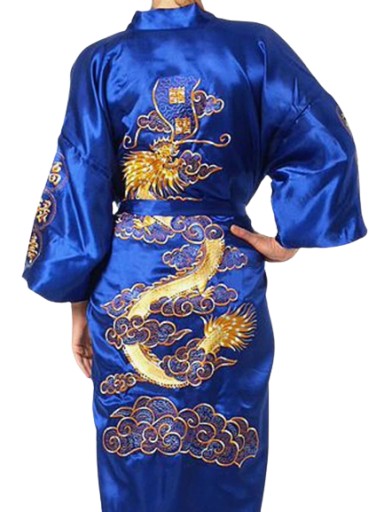 NIEBIESKI SZLAFROK CHIŃSKI KIMONO ZŁOTY SMOK OURYUU SIXIANG TOGA HAFT L