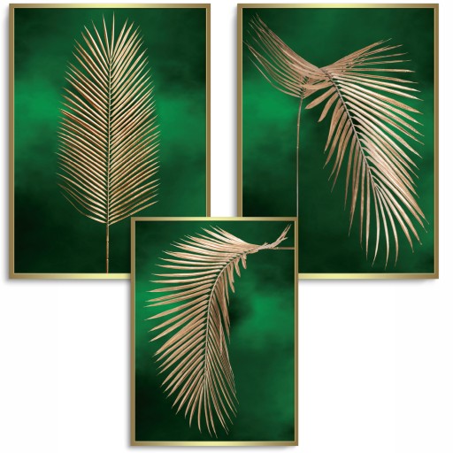 3X PLAKAT TRYPTYK ZŁOTE LIŚCIE PALMY ZIELONE TŁO PLAKATY ZŁOTY 70x100cm