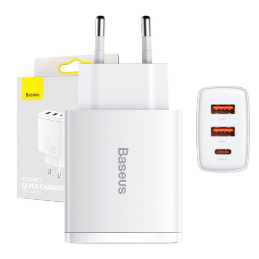 Ładowarka sieciowa Baseus Compact Quick Charger, 2xUSB, USB-C, PD, 3A, 30W