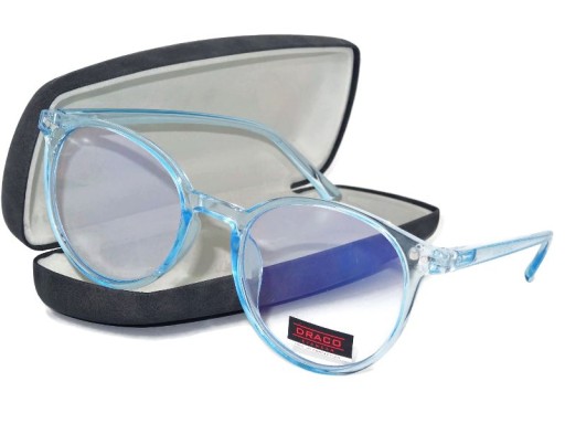 Damskie Okulary ANTYREFLEKS zerówki KOMPUTERA Etui niebieskie okrągłe