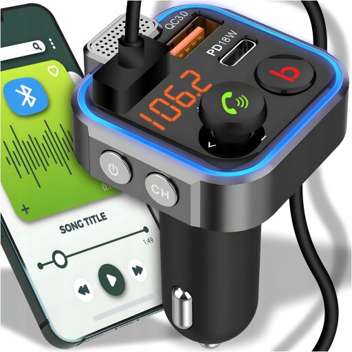 TRANSMITER FM SZYBKA ŁADOWARKA BLUETOOTH AUDIO MP3 BT QC 3.0 USB USB-C LED