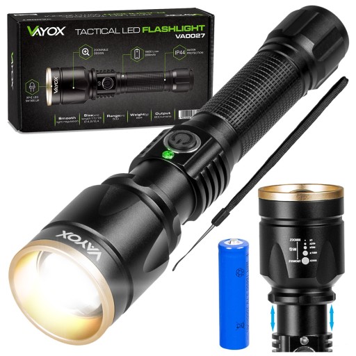 LATARKA LED TAKTYCZNA AKUMULATOROWA MOCNA ALUMINIOWA ZOOM USB IPX EDC VAYOX