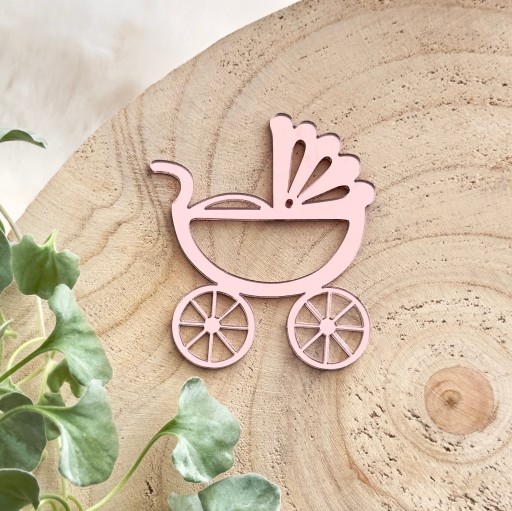 Wózek dekor na tort narodziny Chrzest z Plexi lustro kolor Różowy 7cm