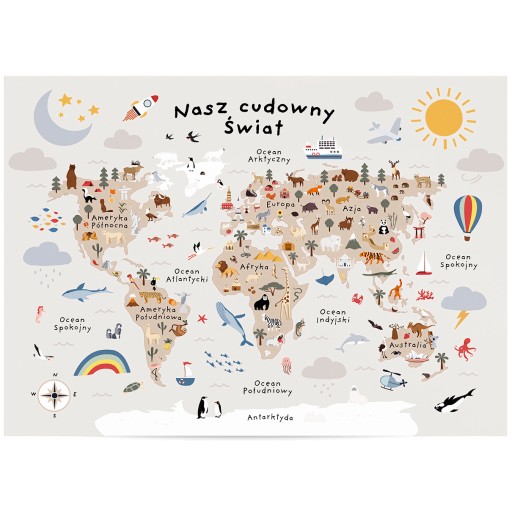 PLAKAT DUŻA MAPA ŚWIATA DLA DZIECI ZWIERZĘTA KONTYNENTY 50x70 PIĘKNA BEŻOWA