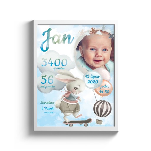 Metryczka Zdjęcie Urodziny Chrzest Personalizowana A3 30X40 + Ramka Królik