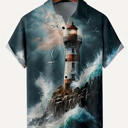 Męska koszula z nadrukiem 3D Lighthouse Plus Size z krótkim rękawem