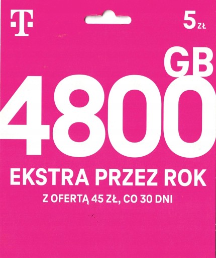 STARTER T-MOBILE NA KARTĘ 4800GB EKSTRA PRZEZ ROK 12x400GB 5ZŁ INTERNET