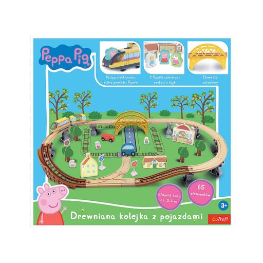 Drewniana kolejka z pojazdami Świnka Peppa 65 elementów