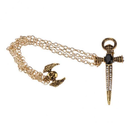 2X Antique Gold Crystal Cross Broszka Chain Mens