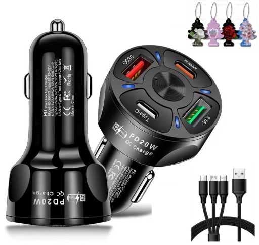 SZYBKA ŁADOWARKA SAMOCHODOWA 4xUSB QC PD + KABEL