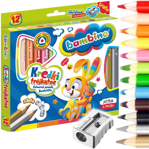 KREDKI Bambino TRÓJKĄTNE GRUBE 12 kol Z GLINKI KAOLINOWEJ +temperówka METAL