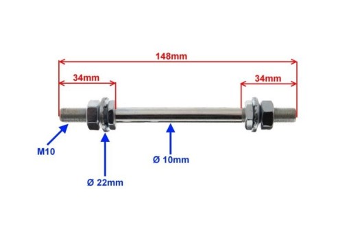 OŚ KOŁA PRZEDNIEGO PRZÓD fi10 x 148mm NA ŁOŻYSKA ROMET KOMAR MOTORYNKA