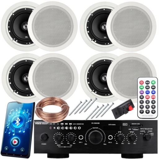 8x Głośniki Sufitowe JBL 165mm ze Wzmacniaczem BT USB SD RADIO FM Pilot