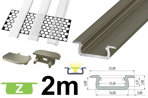 PROFIL DO LED WPUSZCZANY NISKI Z 2M INOX ZESTAW