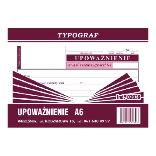 DRUK 02039 UPOWAŻNIENIE A6 TYPOGRAF OFFSET