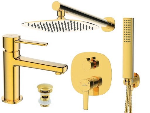 GLAMOUR zestaw podtynkowy deszczownica ZŁOTY + Bateria umywalkowa GOLD