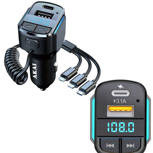 TRANSMITER SAMOCHODOWY LED RADIO TRYB GŁOŚNOMÓWIĄCY FM AKAI FMT-32BT