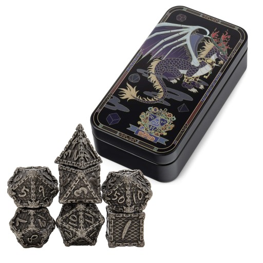 ZESTAW 7 METALOWYCH KOSTEK RPG + METALOWE ETUI